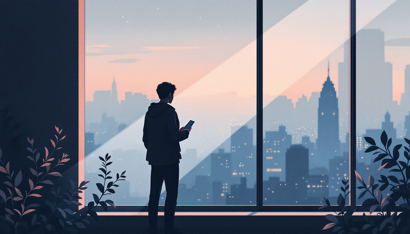 Illustration: a person holding a phone, standing at a tall window at dusk overlooking a city