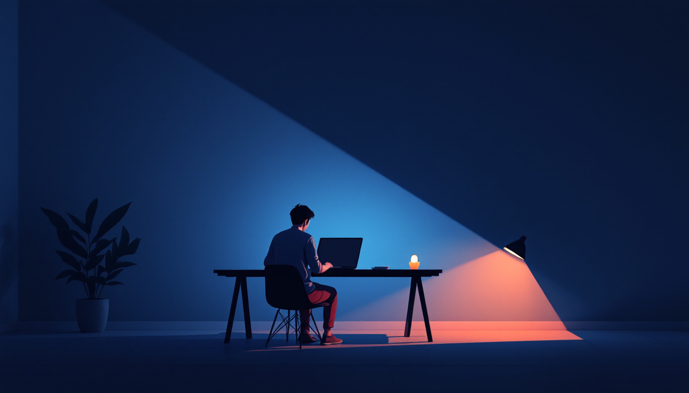 Illustration: a person at a desk at night, face lit by the cold blue glow of a laptop, a warm lamp glowing across the room