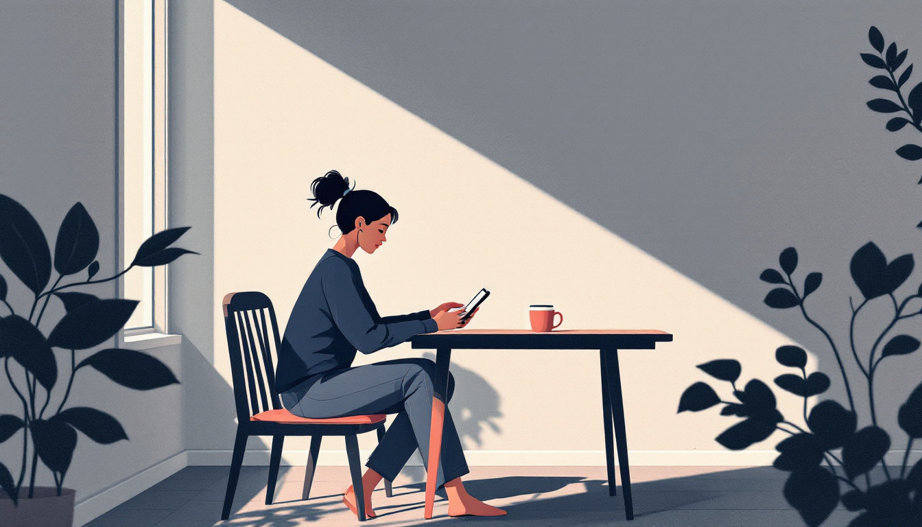 Illustration: a person rereading their phone at a kitchen table in morning light, a coffee cup across the table
