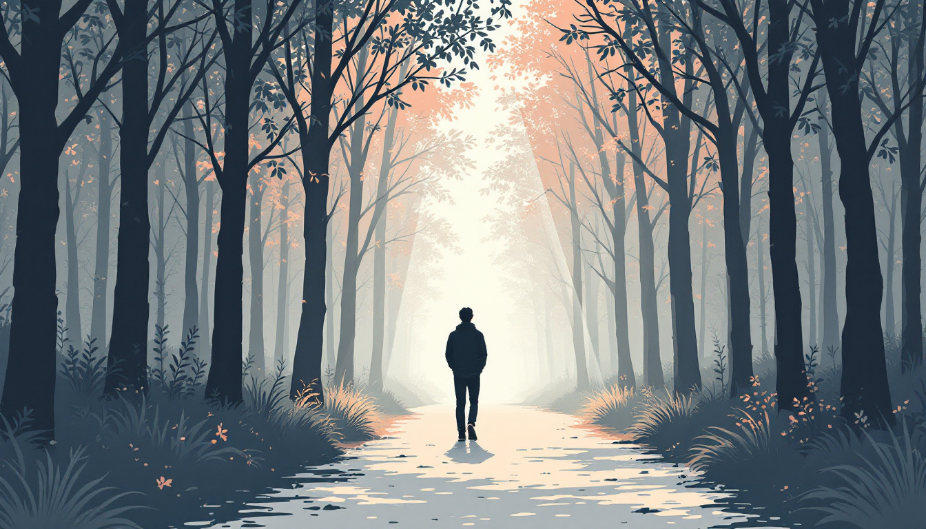Illustration: a person walking alone on a quiet path between tall trees in dappled light