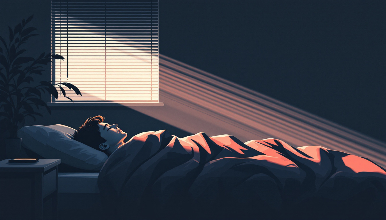 Illustration: a person awake in bed at night, light falling through window blinds