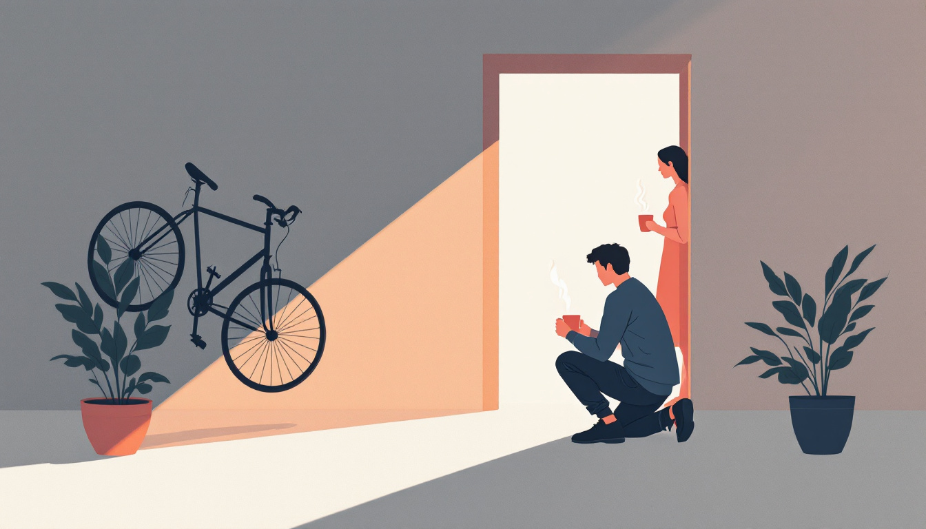 Illustration: a person kneeling with a mug beside a bicycle while their partner watches from the doorway holding a second mug