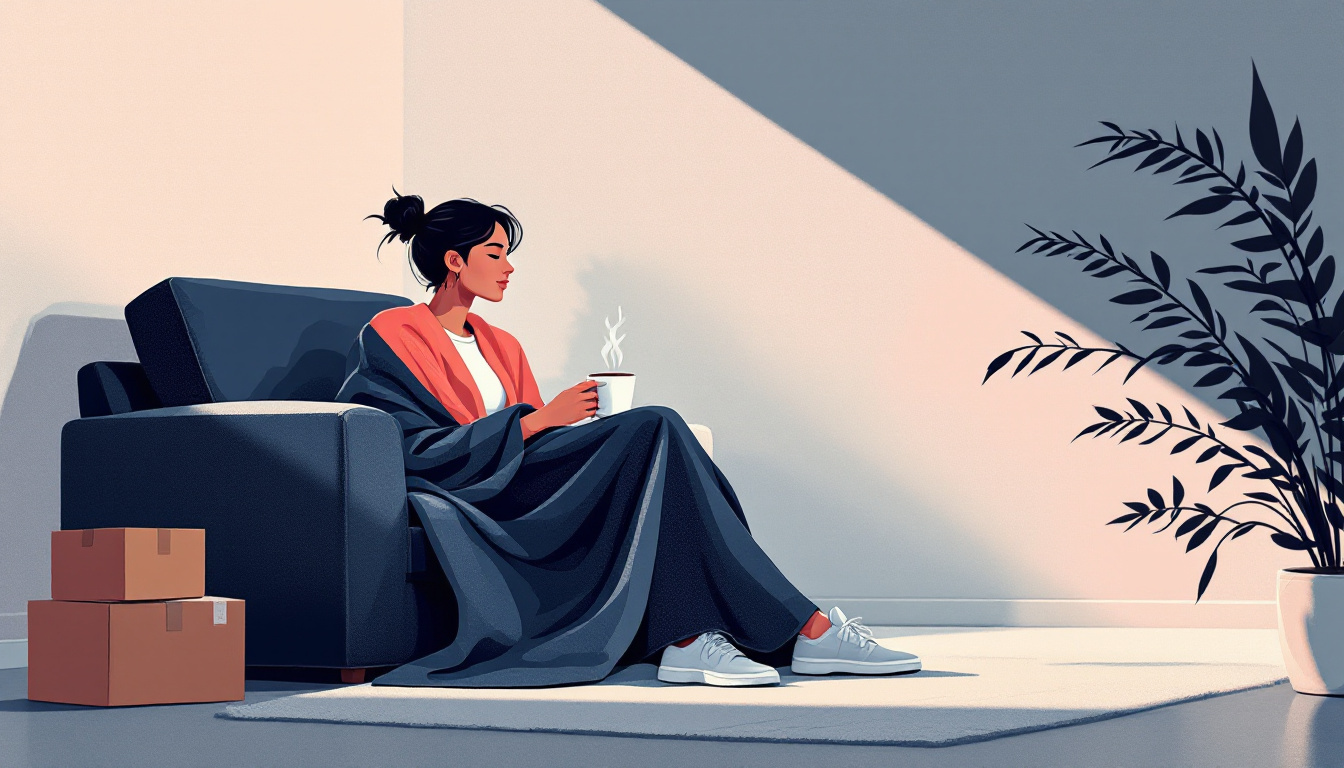 Illustration: a person wrapped in a blanket on the floor beside a sofa with a mug of tea, moving boxes nearby