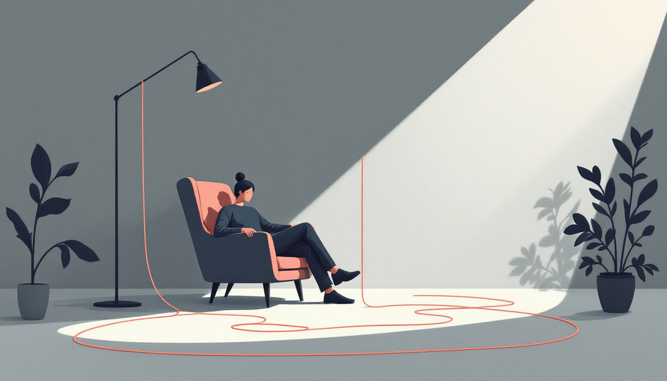 Illustration: a person in an armchair with a long thread unspooling into a loose spiral across the floor