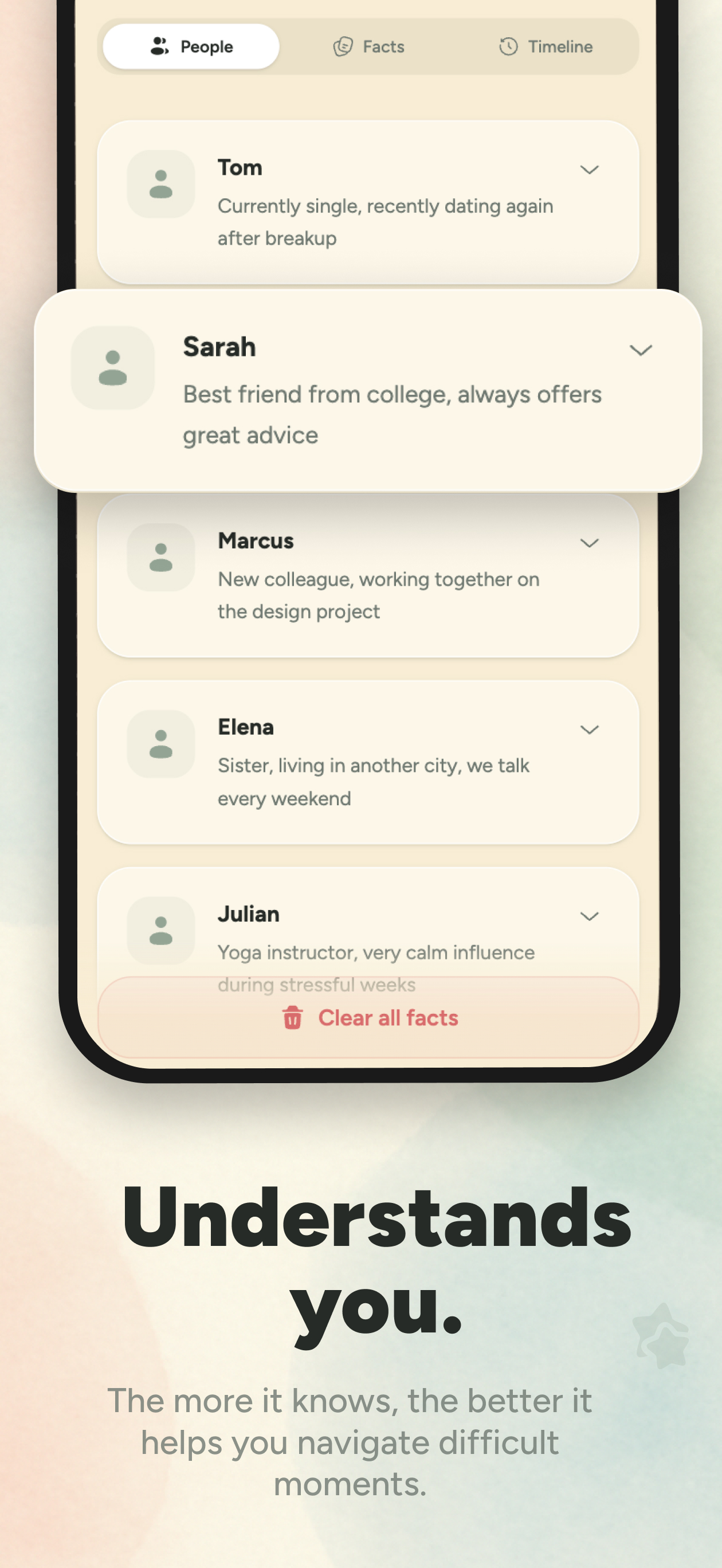 Personal context showing saved people and relationship details