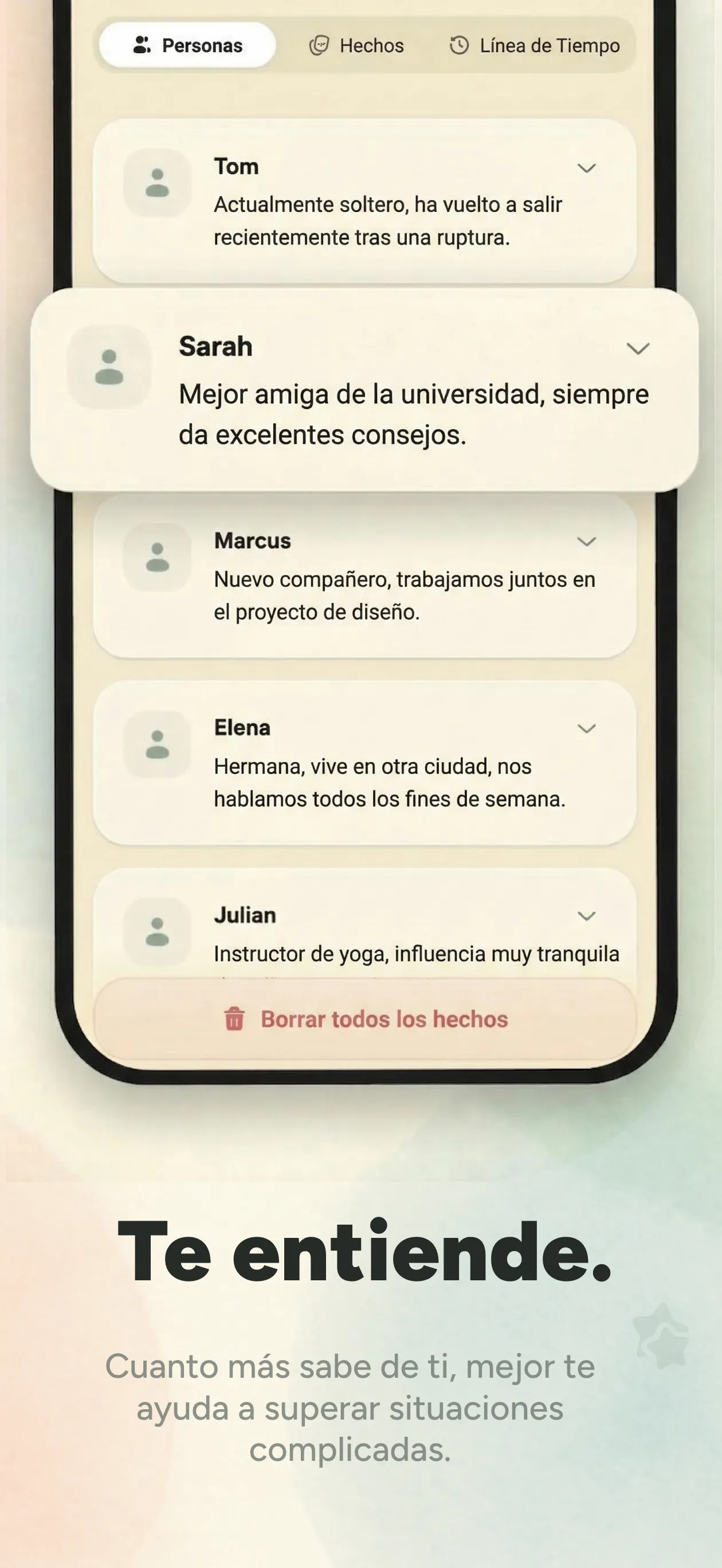 Personal context showing saved people and relationship details